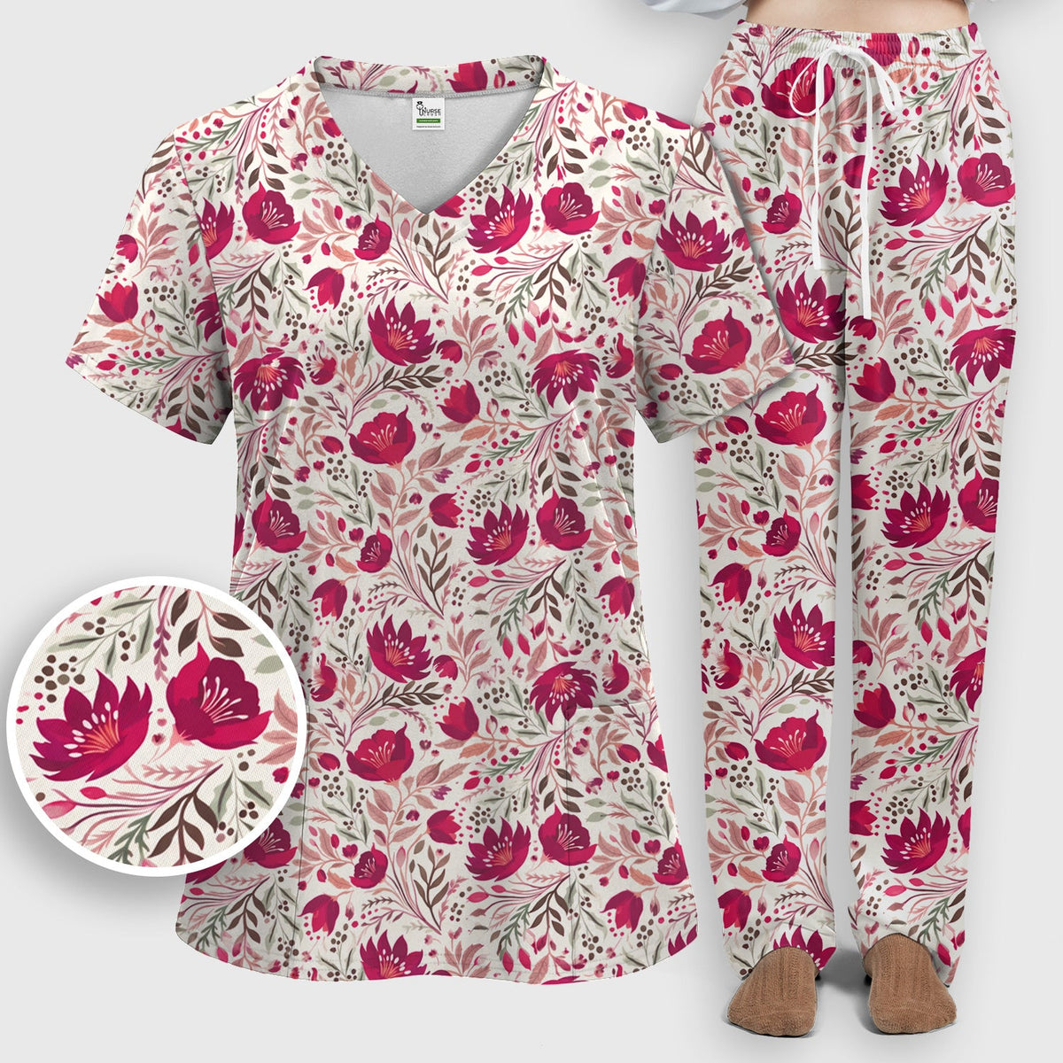Elegant Floral Botanical Nurse Scrub Set