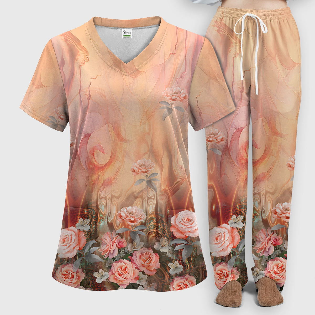 Elegant Peach Marble Rose Nurse Scrub Set