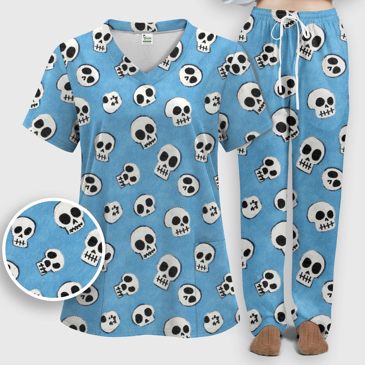 Blue Skull Nurse Scrub Set - Halloween Gift