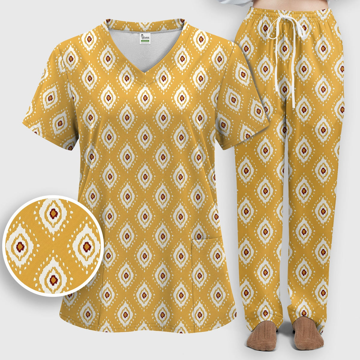 Mustard Geometric Ikat Nurse Scrub Set