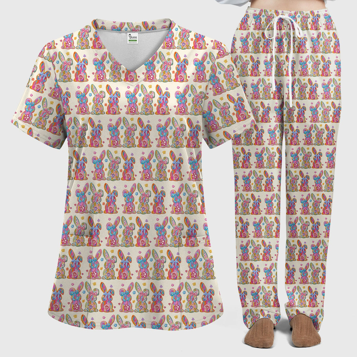 Pastel Bunny Floral Nurse Scrub Set