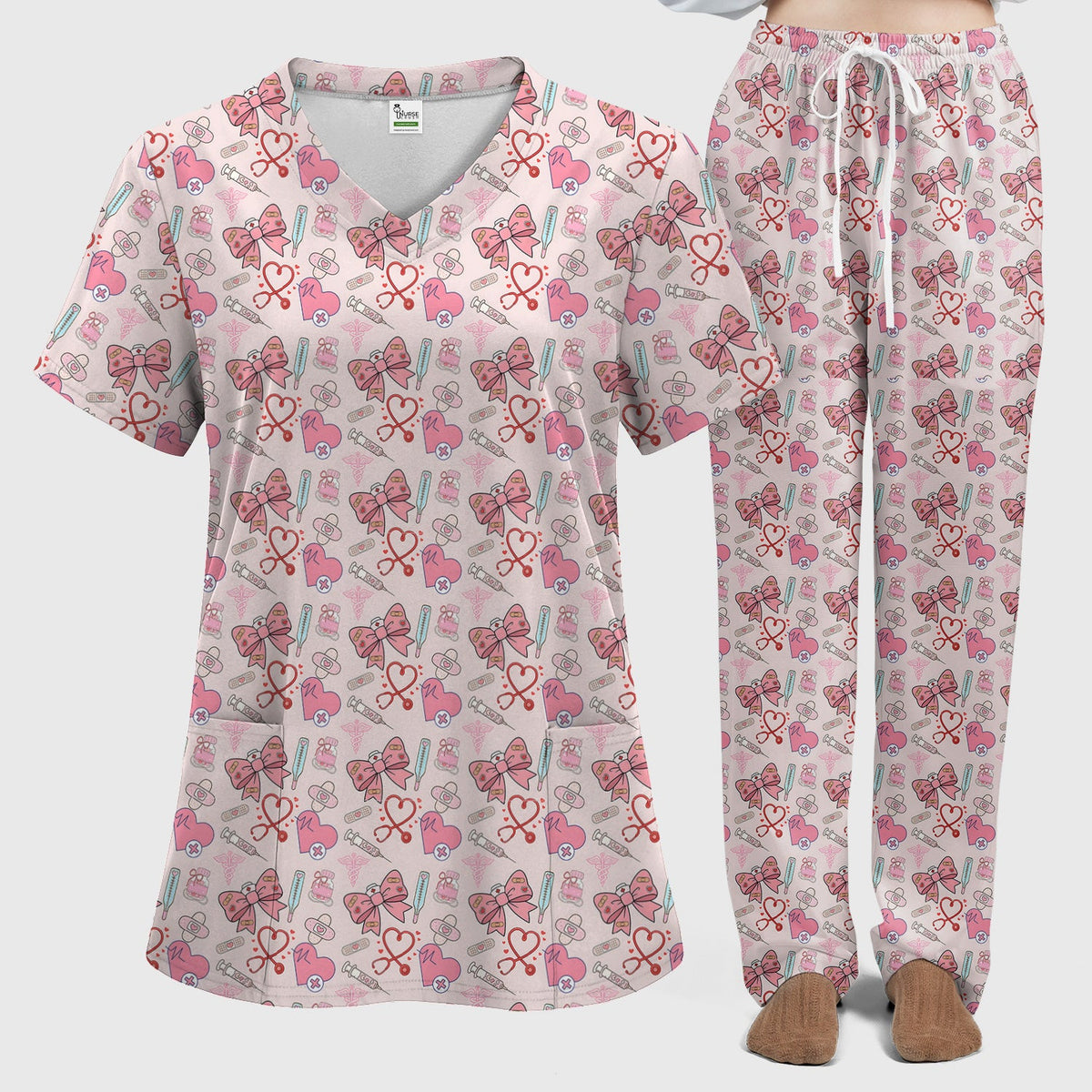 Pink Nurse Bow Heart Scrub Set