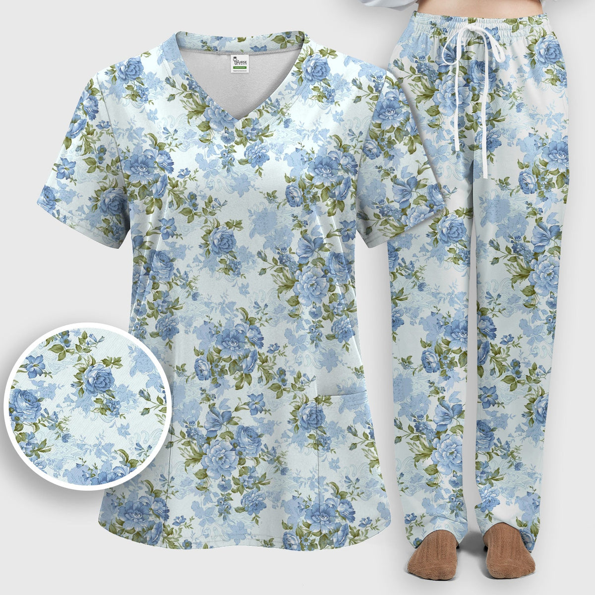 Cute Blue Floral Nurse Scrub Set