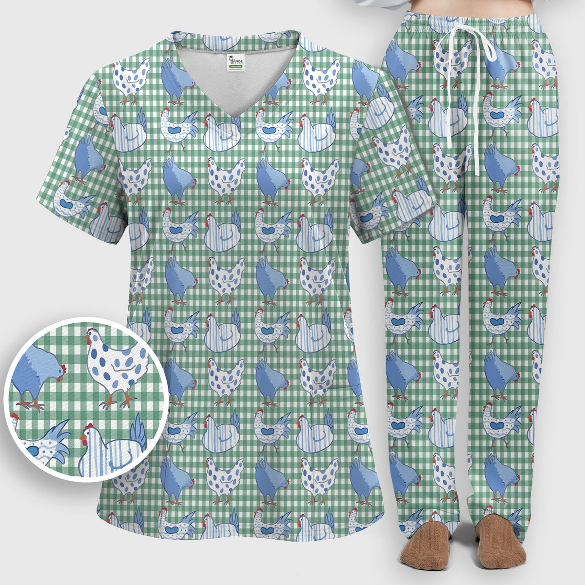 Blue Chicken Gingham Nurse Scrub Set