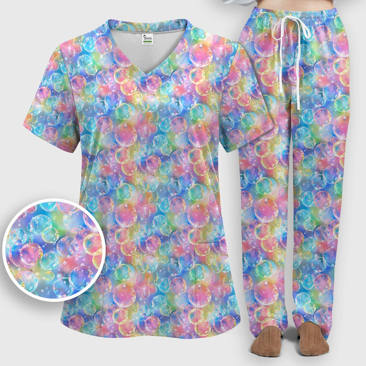 Colorful Floating Soap Bubble Nurse Scrub Set