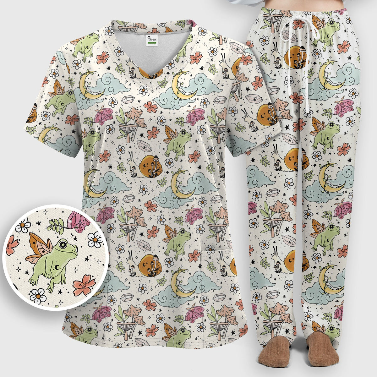 Whimsical Frog Moon Mushroom Nurse Scrub Set
