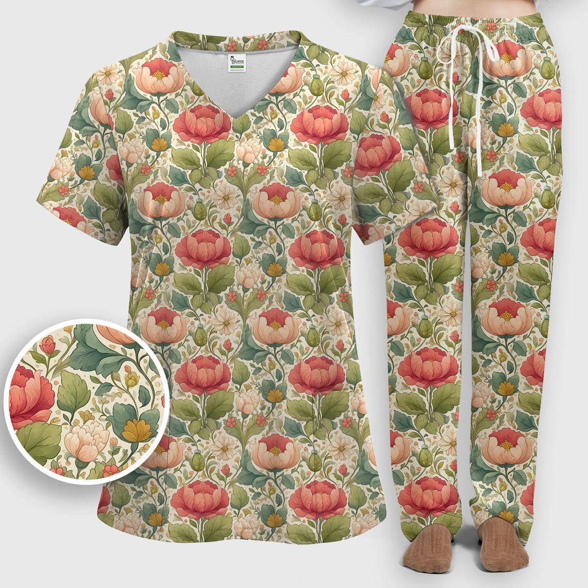 Vintage Botanical Peony Floral Nurse Scrub Set