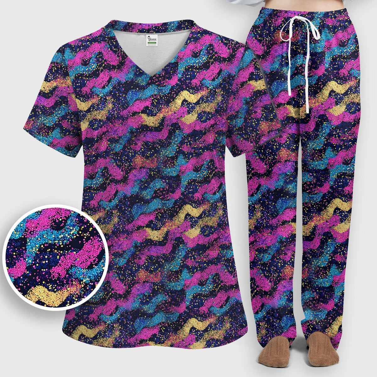 Neon Glitter Galaxy Nurse Scrub Set