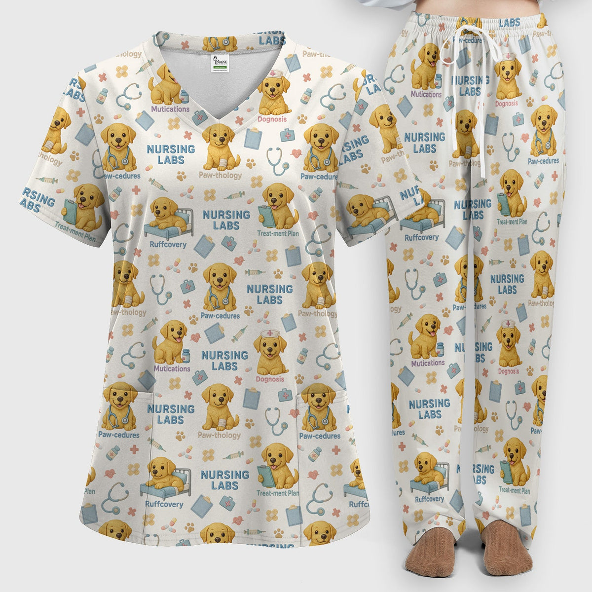 Labrador Nursing Scrub Set, Cute Dog Pattern Nurse Uniform,  Comfortable Scrubs For Nurses