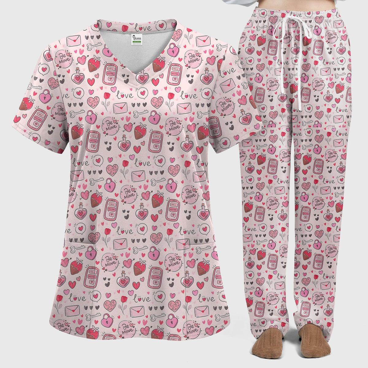 Be Mine Pink Heart Valentine Nurse Scrub Set