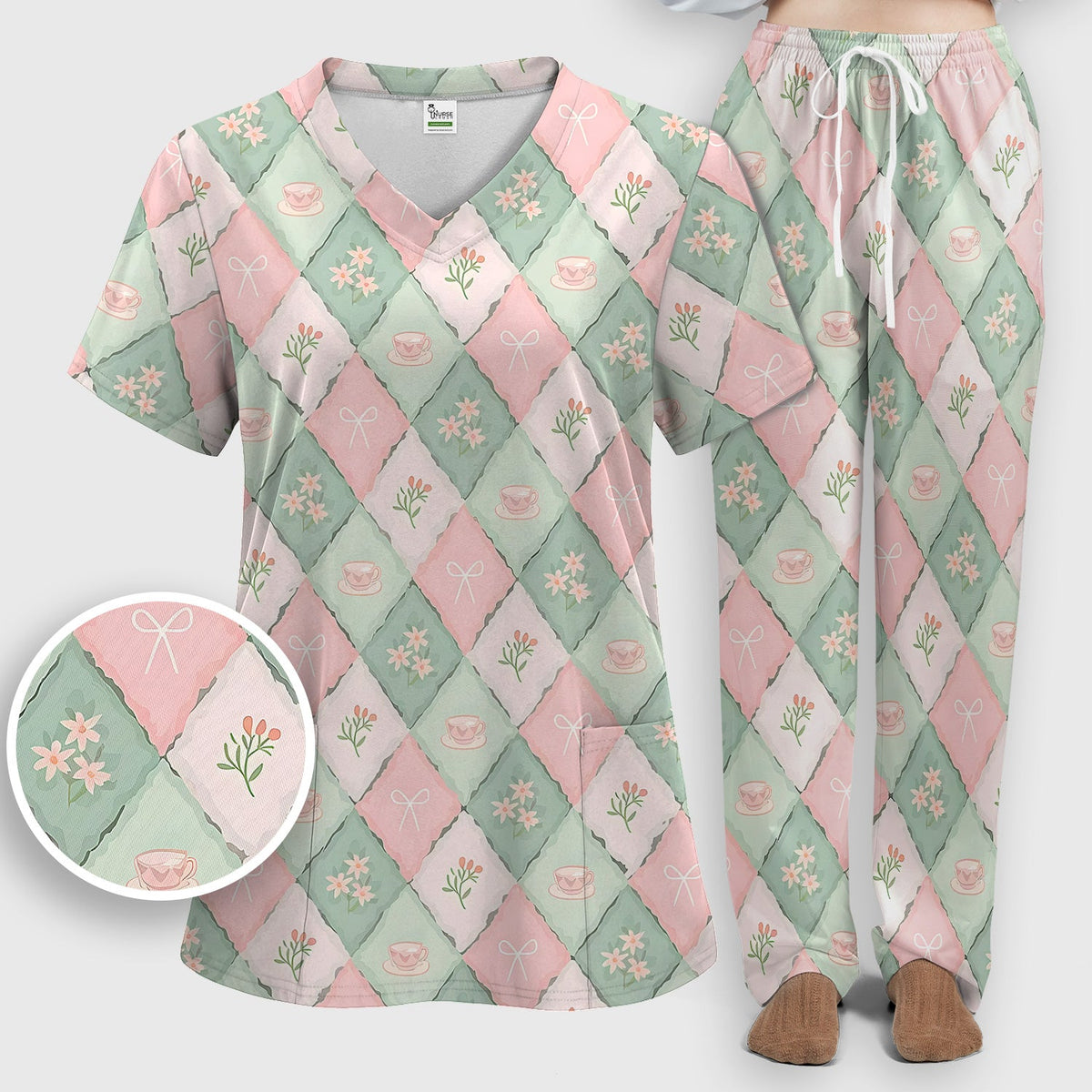 Flowers Tea Cups Nurse Scrub Set
