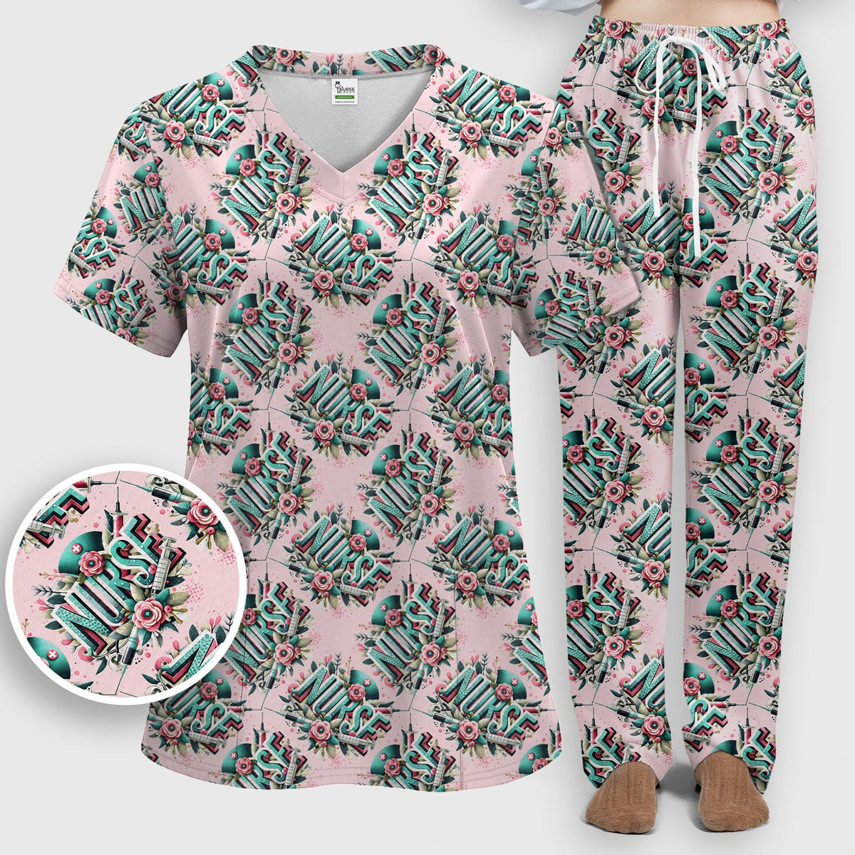 Typography Floral Nurse Scrub Set