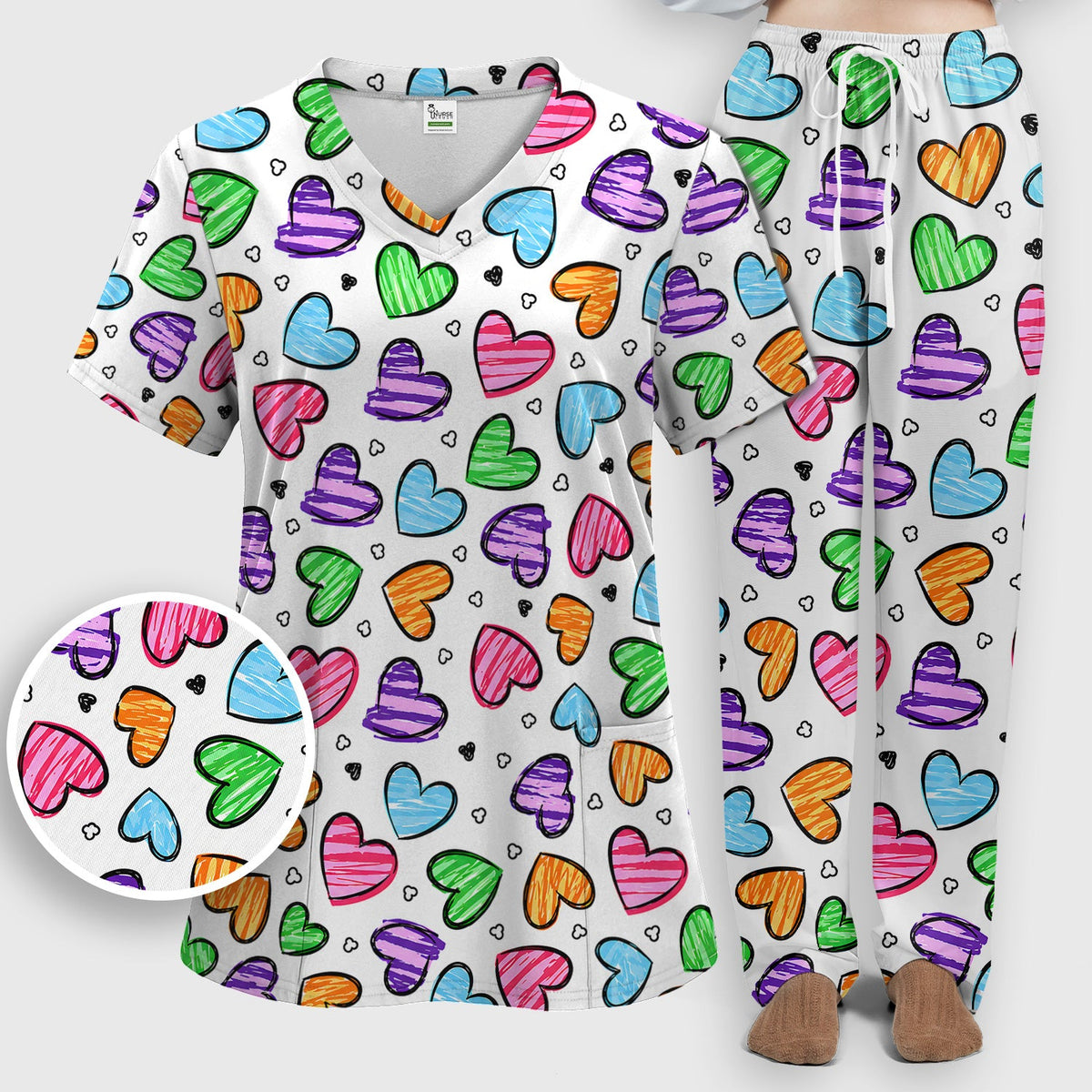 Colorful Doodle Heart Nurse Scrub Set