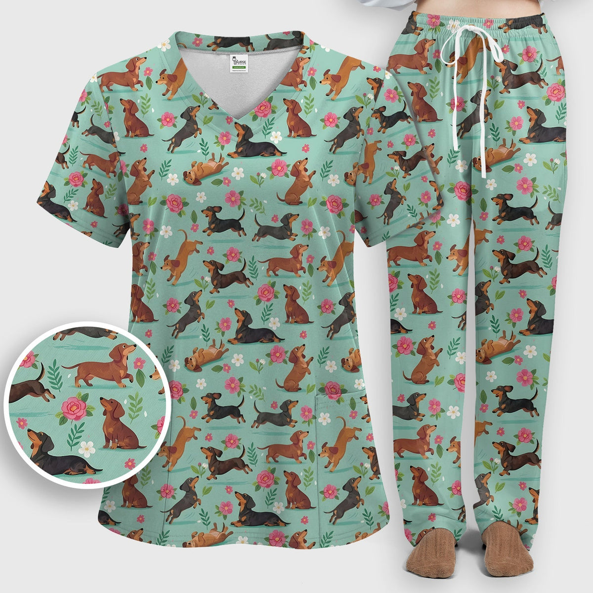 Floral Dachshund Puppy Nurse Scrub Set