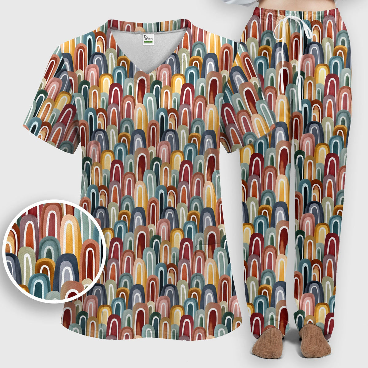 Retro Boho Rainbow Arch Nurse Scrub Set