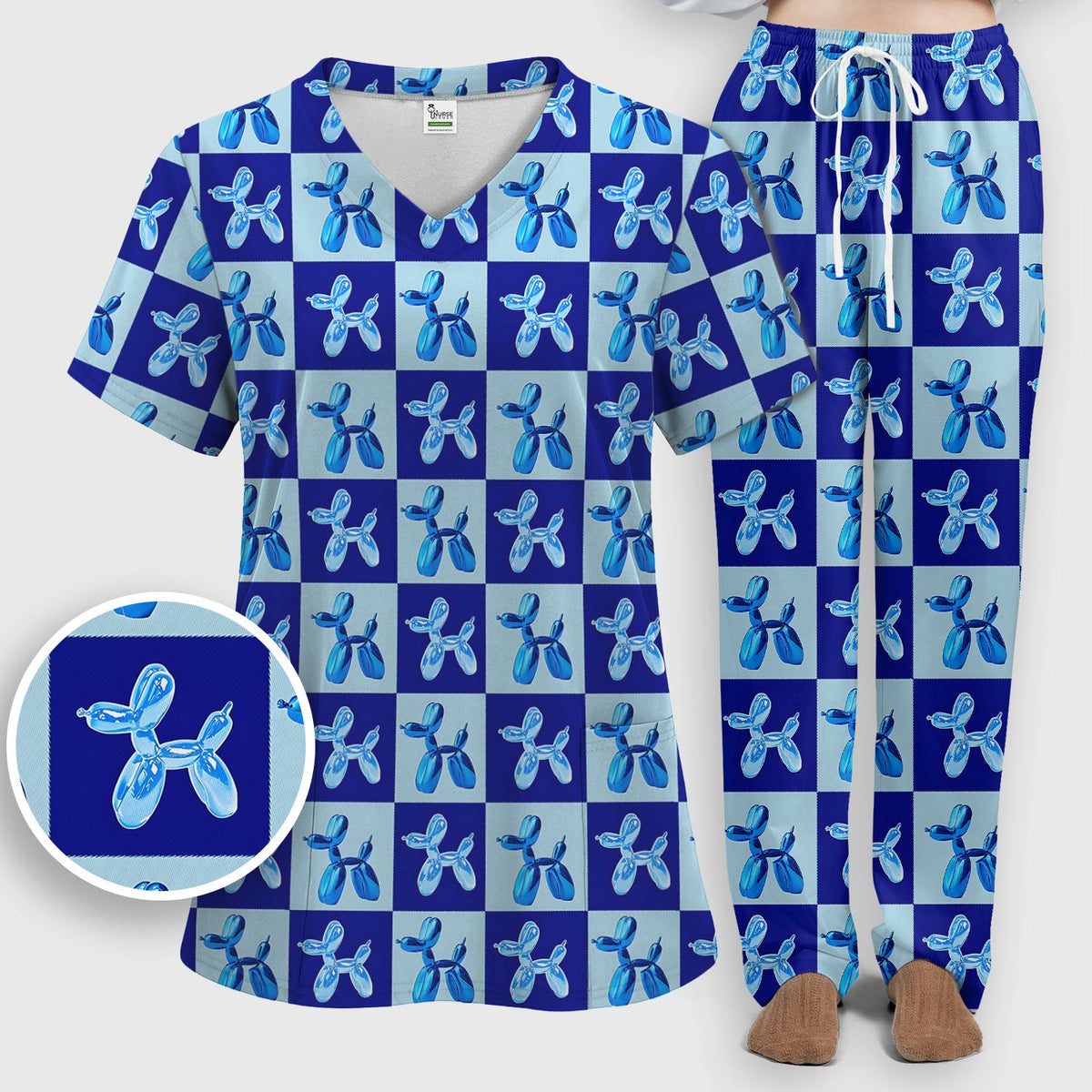 Cute Blue Balloon Dog Checkered Nurse Scrub Set