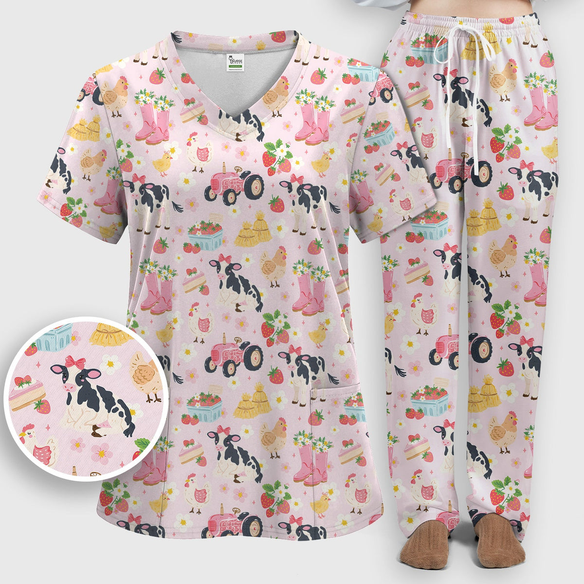 Farm Animals Strawberry Garden Nurse Scrub Set
