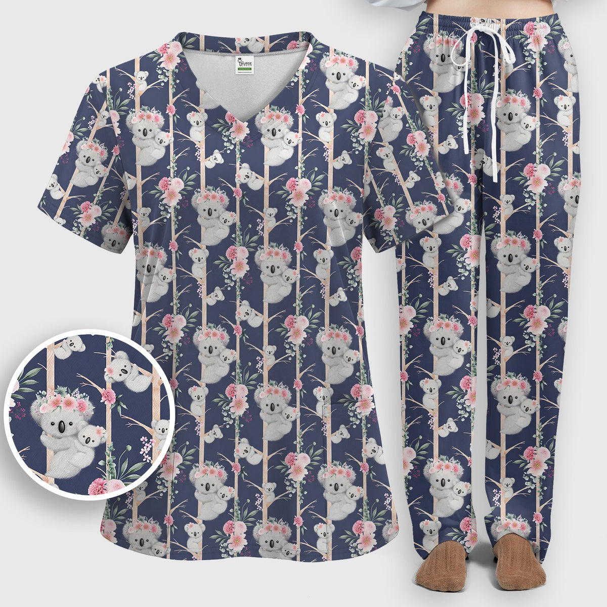 Koala Climbing Tree Blossom Nurse Scrub Set