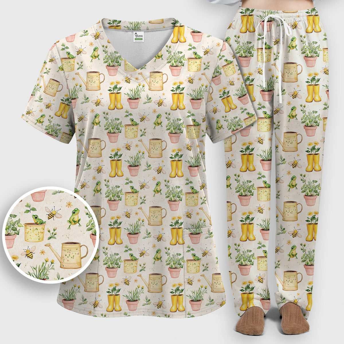 Frog And Bee Garden Nurse Scrub Set