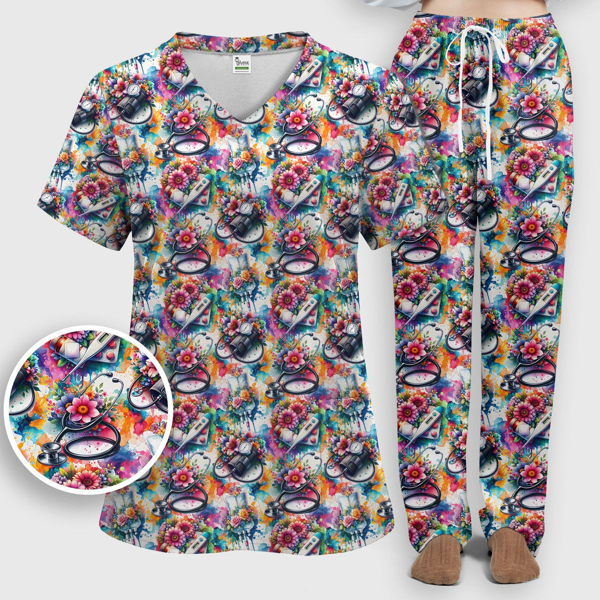 Colorful Medical Tools Floral Nurse Scrub Set