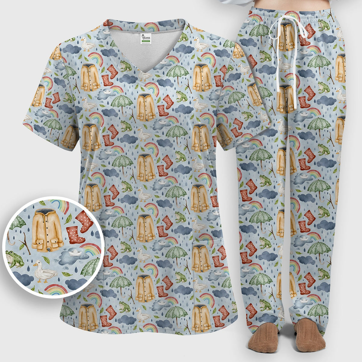 Rainy Day Ducks & Frog Nurse Scrub Set