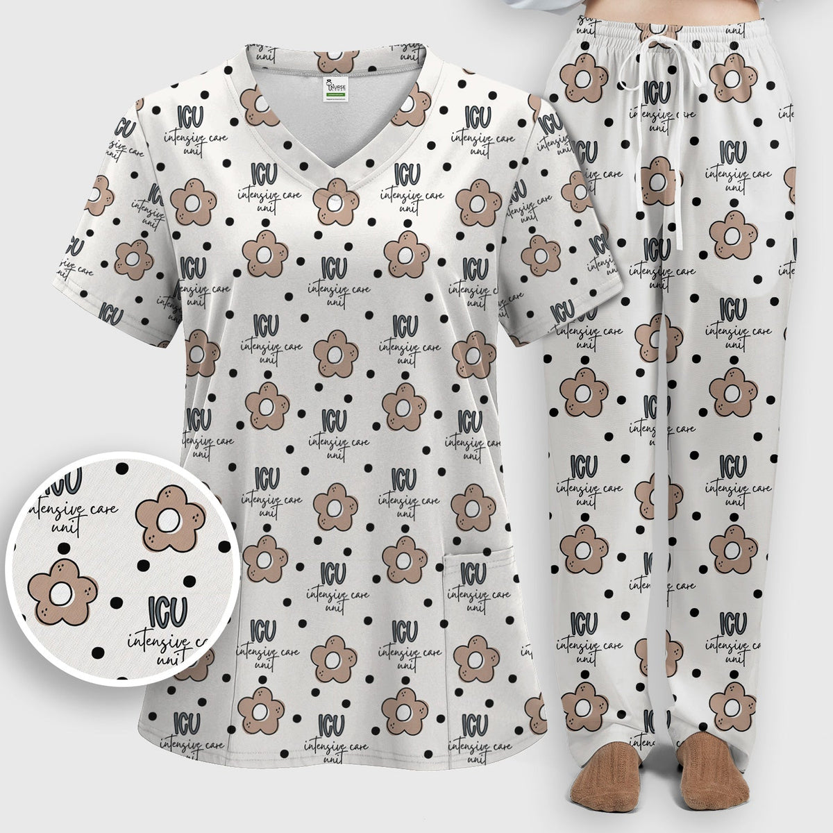 ICU Flower Polka Dot Nurse Scrub Set