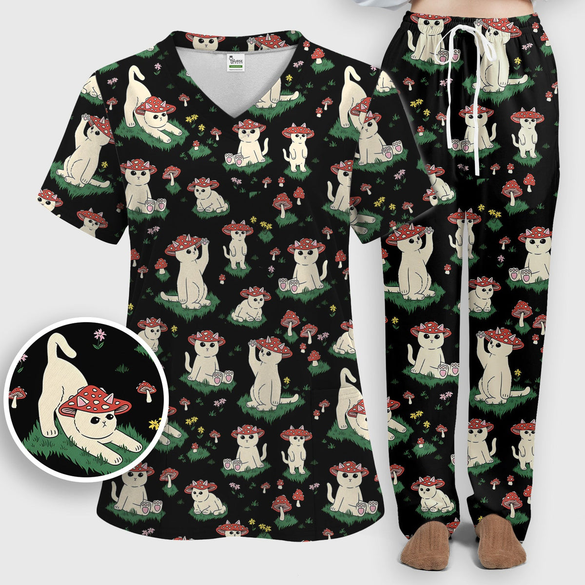 Mushroom Cat Nurse Scrub Set