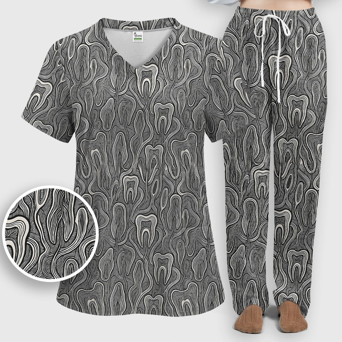 Dental Tooth Line Art Nurse Scrub Set