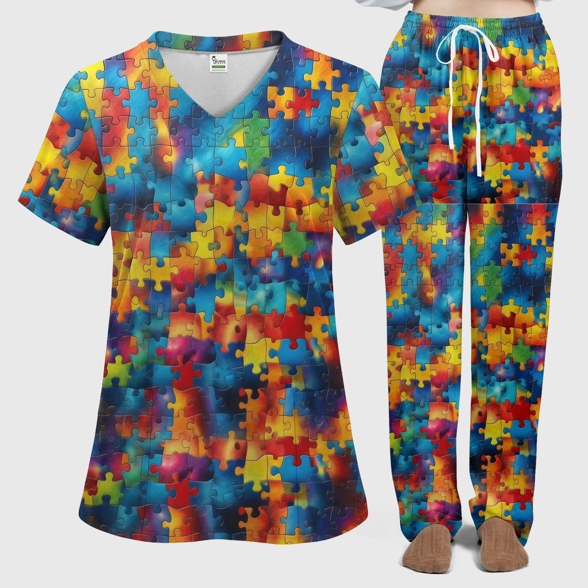 Rainbow Puzzle Piece Nurse Scrub Set