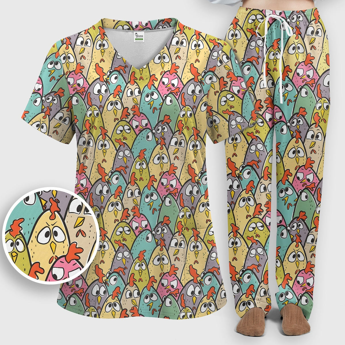 Cartoon Chicken Crowd Nurse Scrub Set