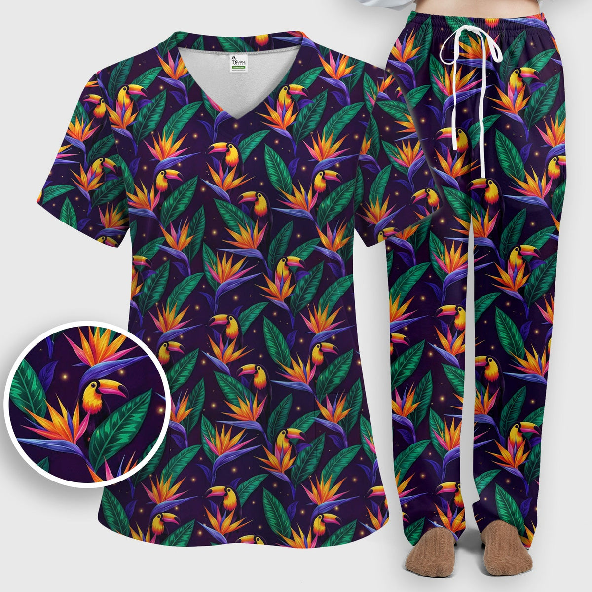 Tropical Toucan Paradise Leaves Nurse Scrub Set