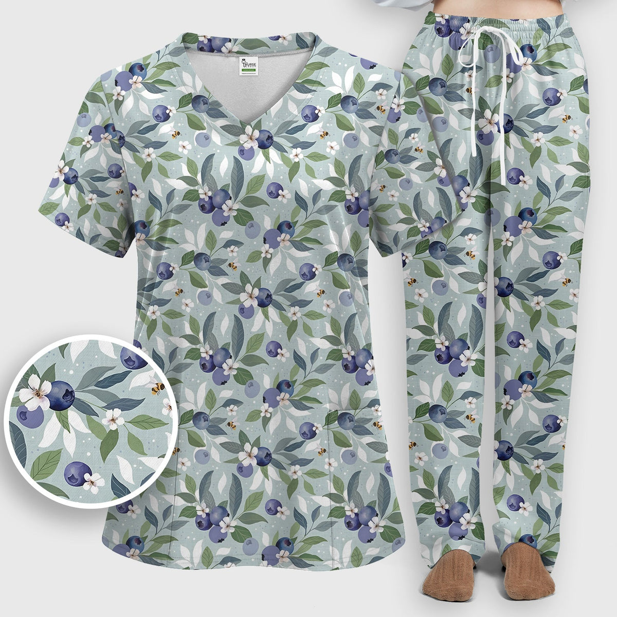 Fresh Blueberry Blossom Garden Nurse Scrub Set