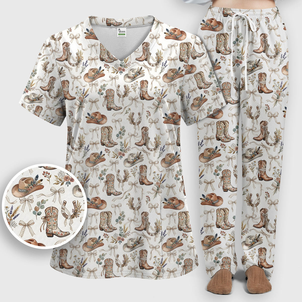 Western Cowboy Boots Hat Floral Pattern Scrub Set, Scrub Pants and V Neck Top