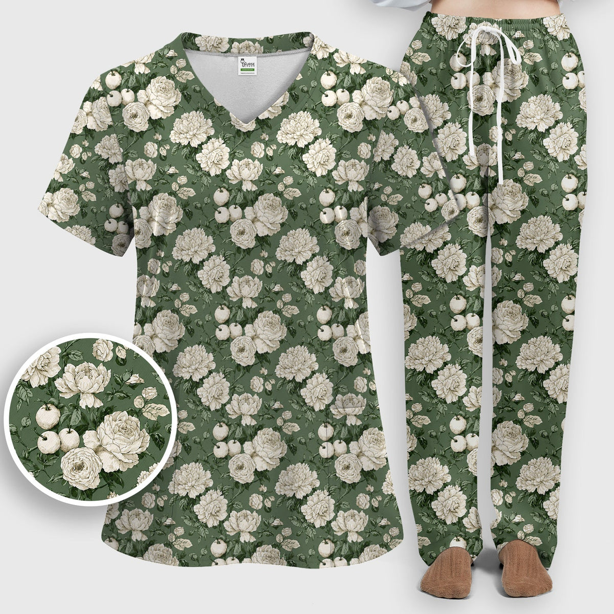 Elegant White Rose Garden Nurse Scrub Set