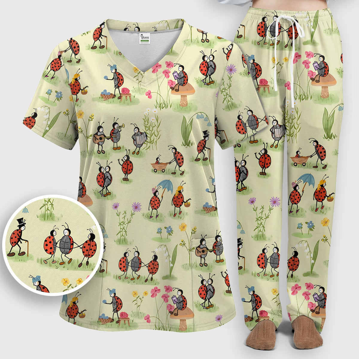 Whimsical Ladybug Garden Activity Nurse Scrub Set