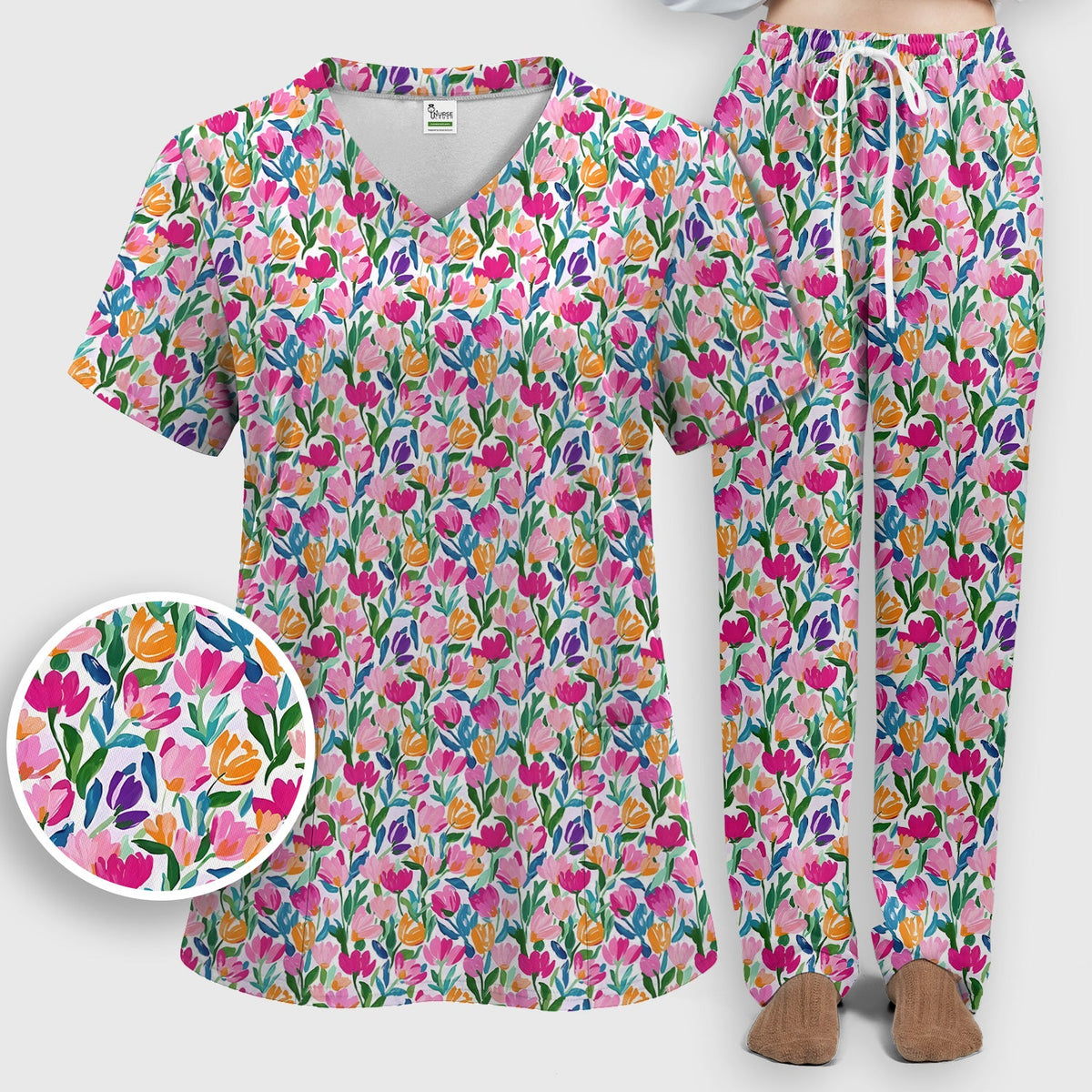Vibrant Tulip Meadow Pattern Scrub Set, Scrub Pants and V Neck Top