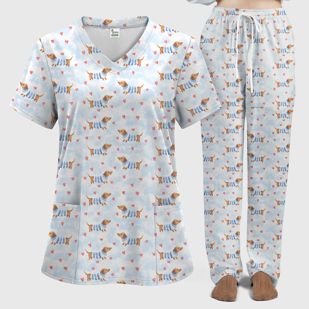 Sweet Dachshund Pink Hearts Nurse Scrub Set