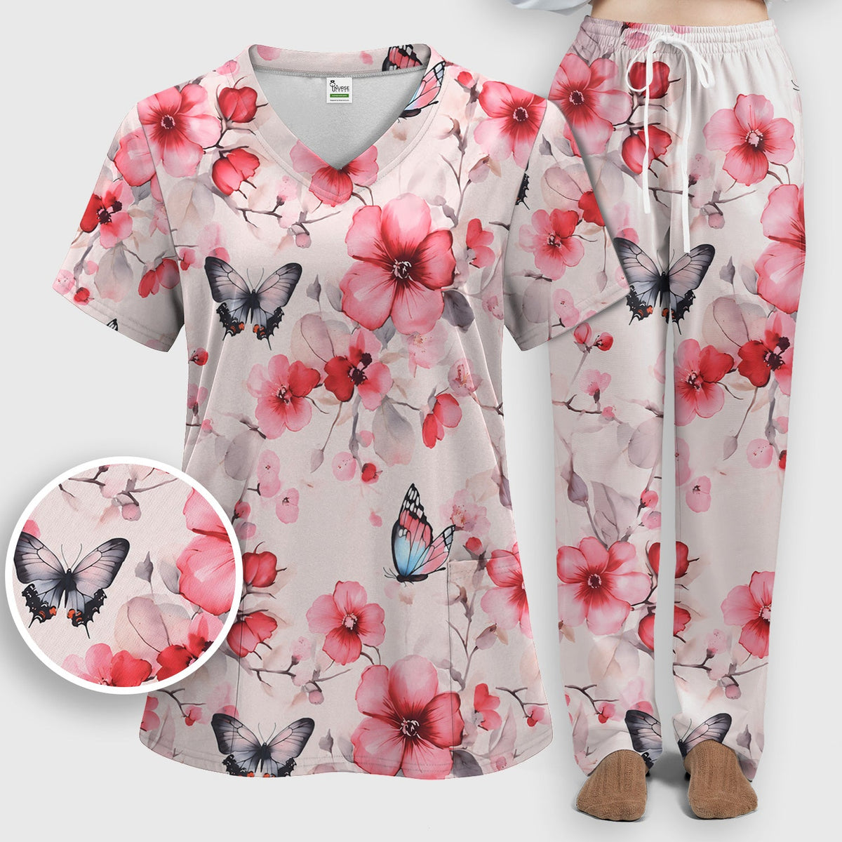 Pink Butterfly Blossom Nurse Scrub Set
