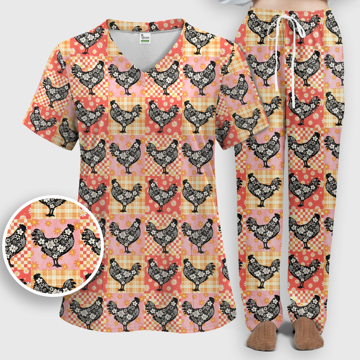Floral Chicken Patchwork Nurse Scrub Set