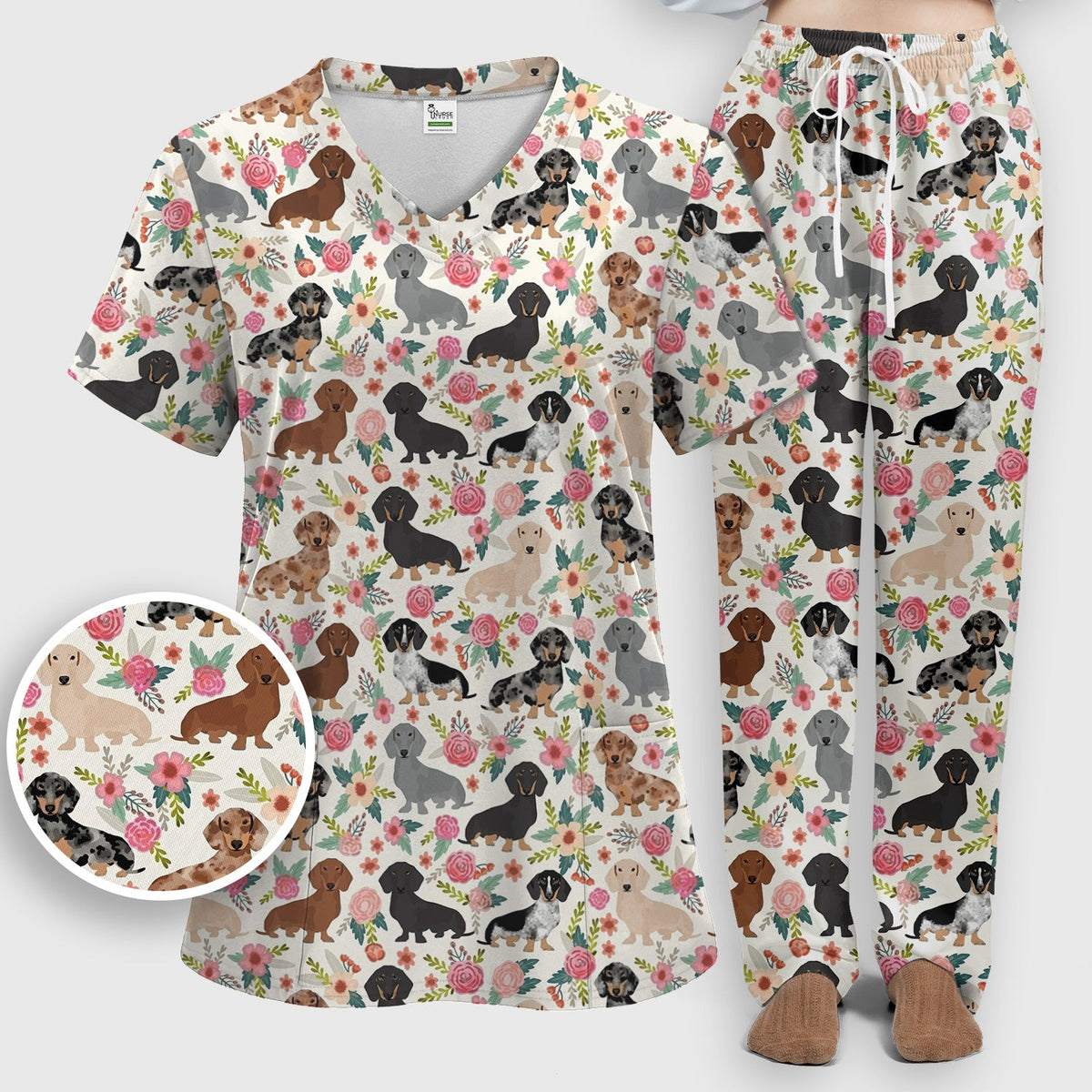 Adorable Dachshund Floral Nurse Scrub Set