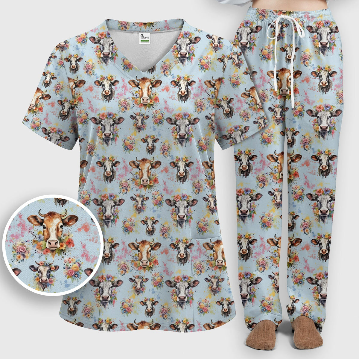 Floral Cow Farm Nurse Scrub Set