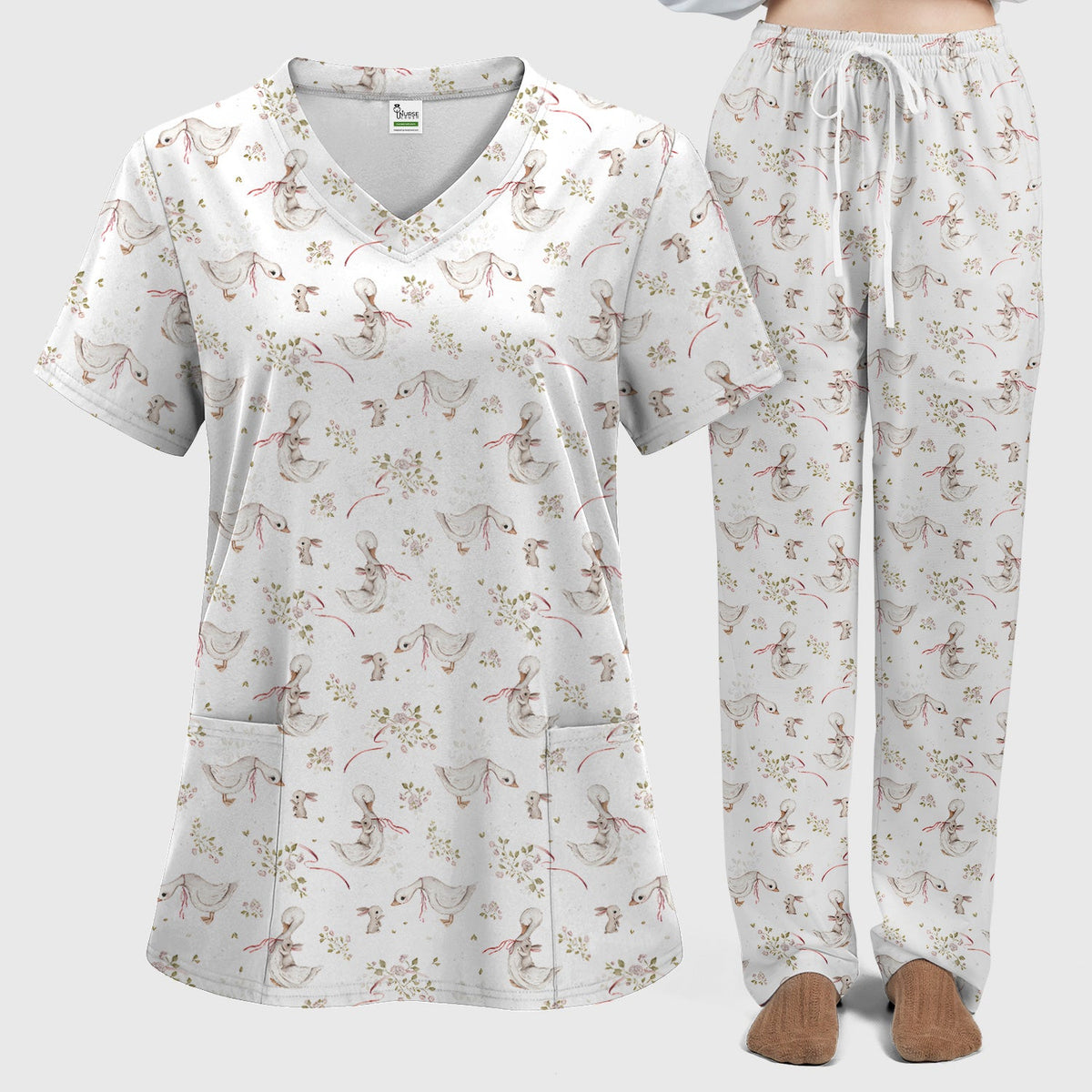 Duck Bunny Floral Nurse Scrub Set - Easter Gift