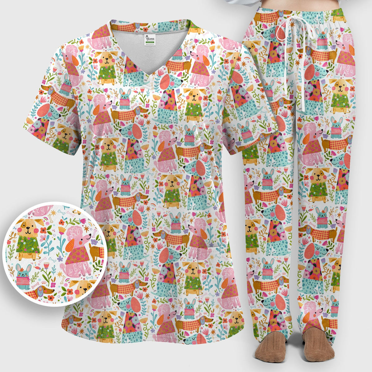 Colorful Dog Floral Nurse Scrub Set