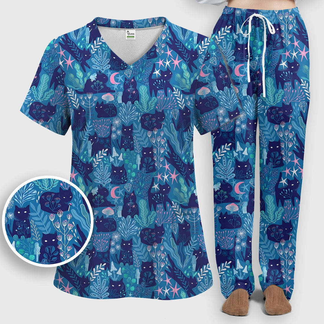 Adorable Celestial Cat Moon Star Nurse Scrub Set