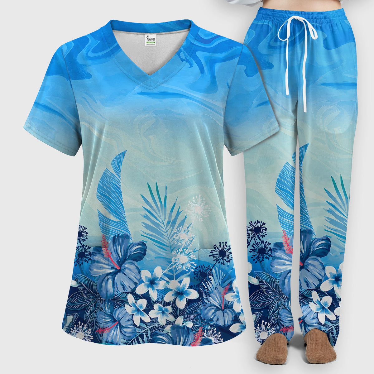 Elegant Blue Tropical Floral Nurse Scrub Set