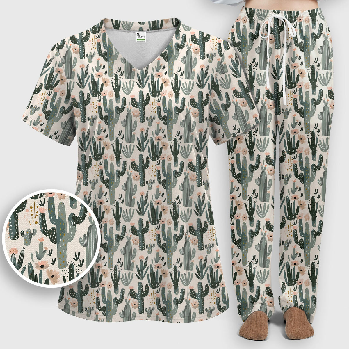 Green Cactus Desert Blossom Nurse Scrub Set
