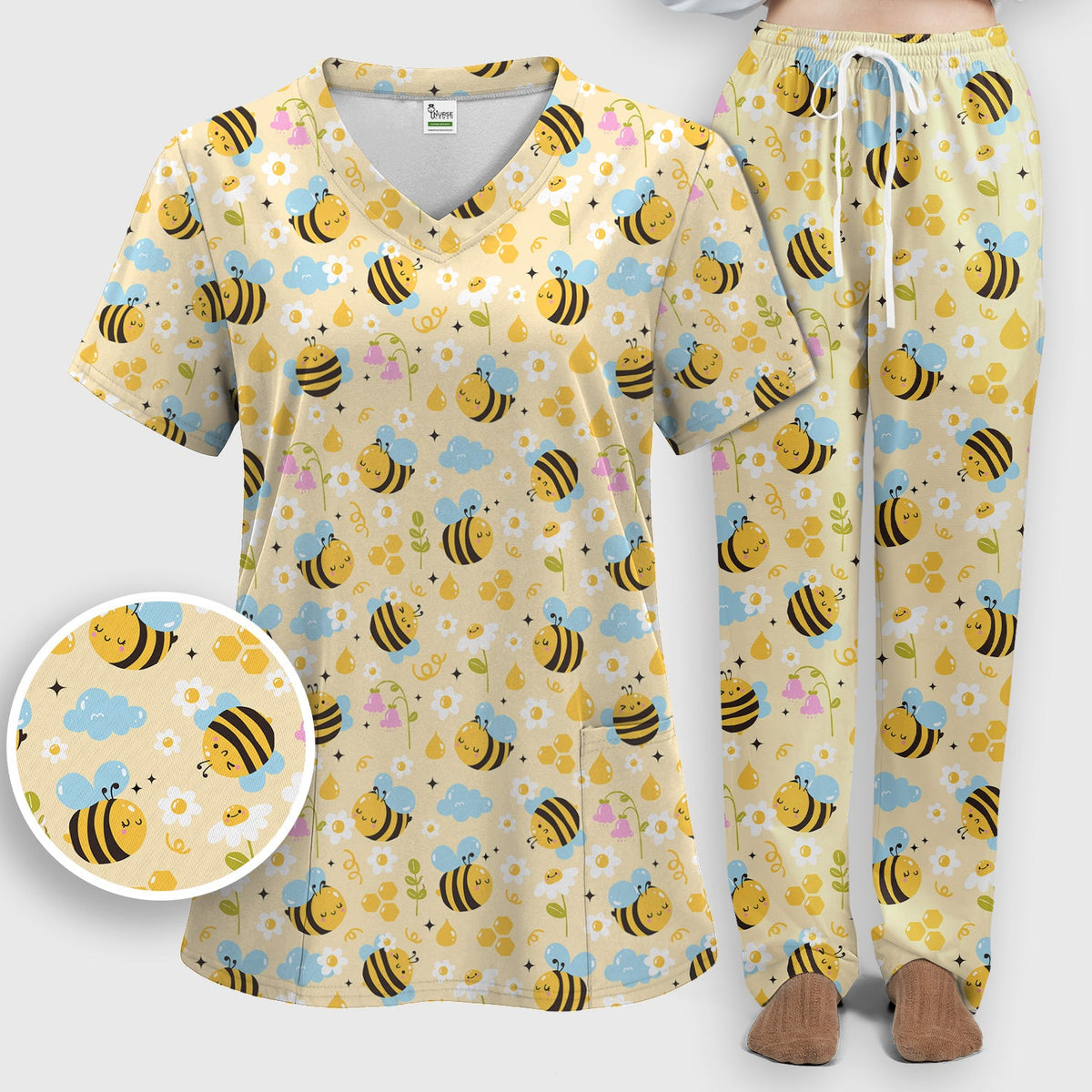 Honey Bee Flower Cloud Nurse Scrub Set