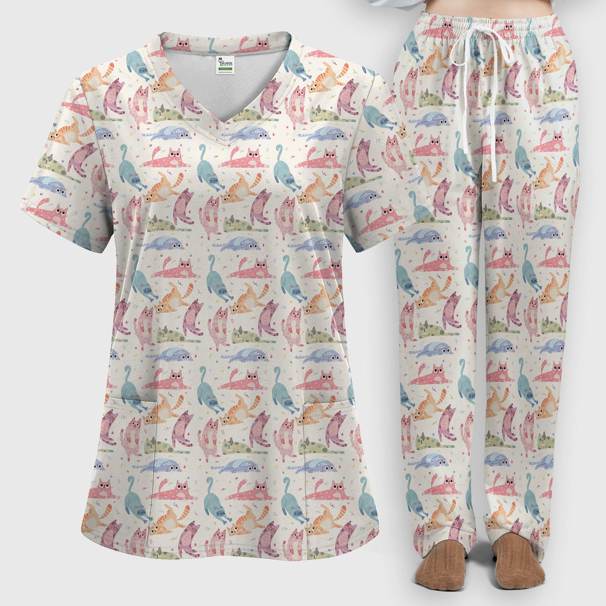 Funny Pastel Cat Pattern Medical Scrub Set, Breathable Fabrics Nursing Uniform
