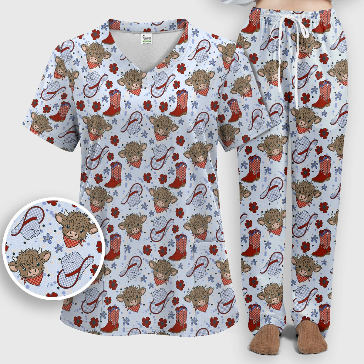 Highland Cow Cowboy Boots Nurse Scrub Set