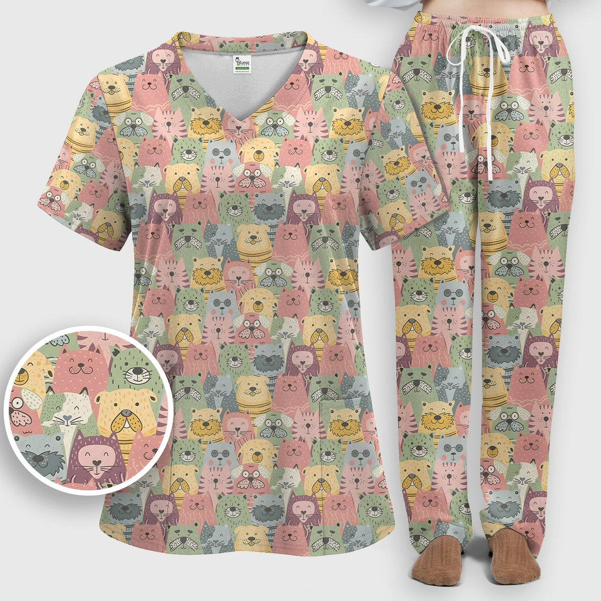 Cartoon Cat And Dog Faces Nurse Scrub Set